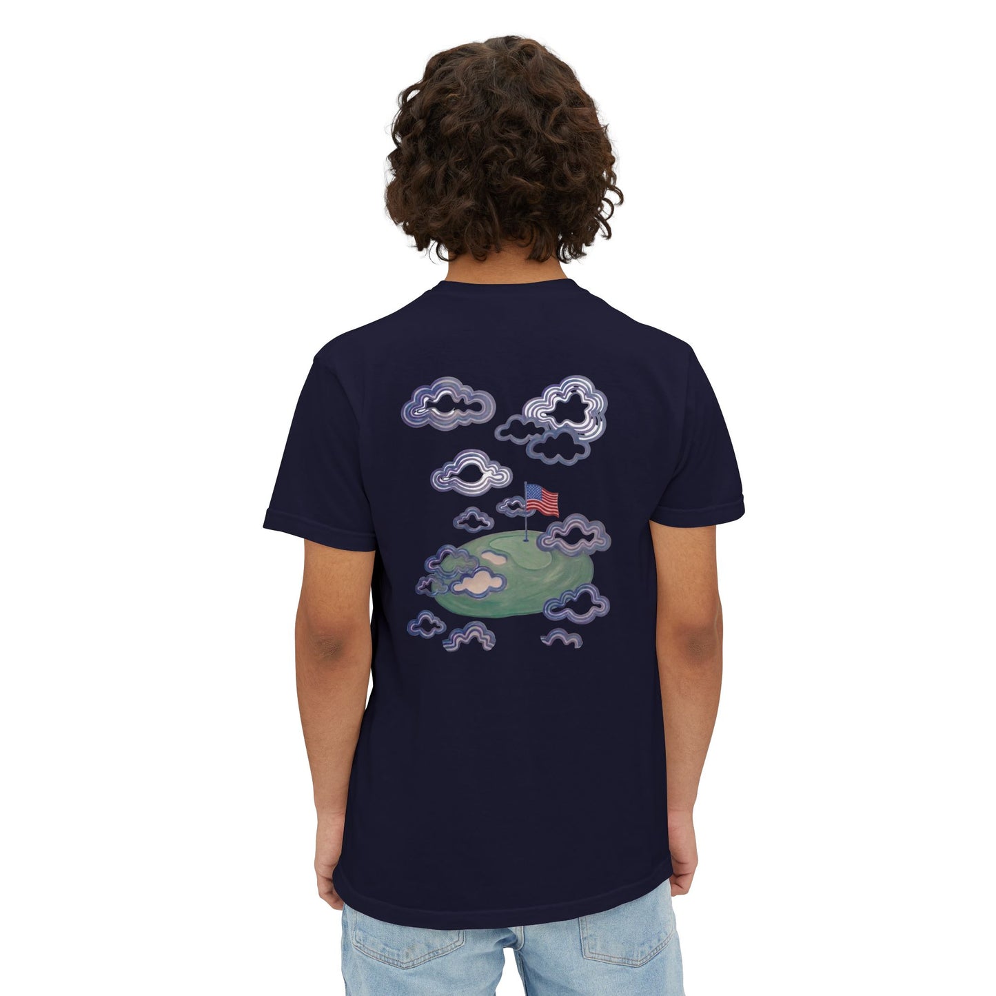 American Flag Pocket Tee with American Flag Hole on back — Cloud Dreams Graphic T‑Shirt (Surfer on Cloud Back Print)