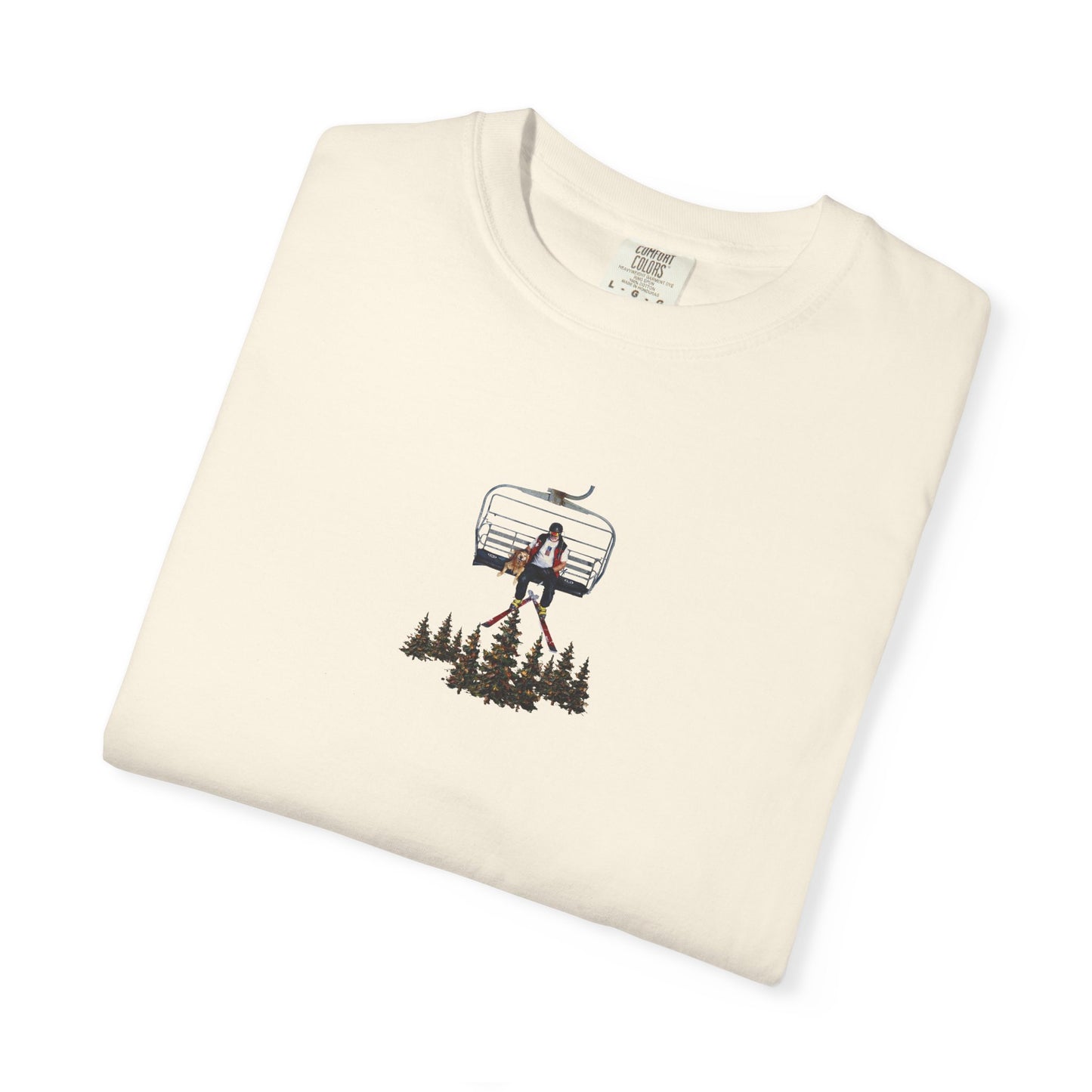 Chairlift with dog front print T-Shirt — Dreamy Paraglider in Clouds Graphic Tee
