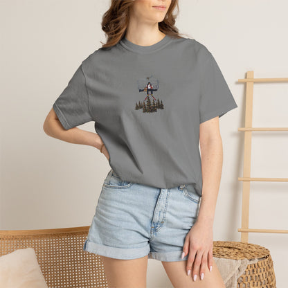 Chairlift with dog front print T-Shirt — Dreamy Paraglider in Clouds Graphic Tee