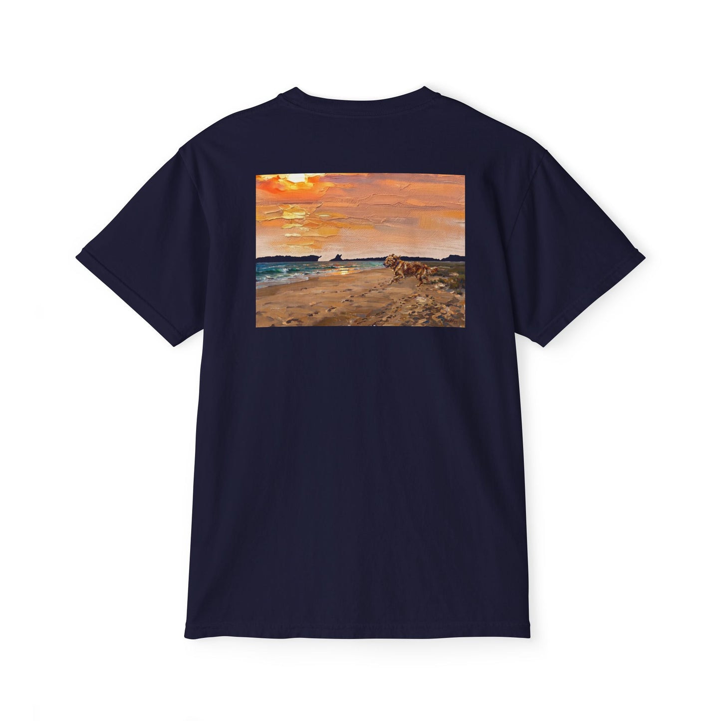 Golden Retriever Sunset Pocket Tee — Cloud Dreams Graphic T‑Shirt (Surfer on Cloud Back Print)