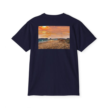 Golden Retriever Sunset Pocket Tee — Cloud Dreams Graphic T‑Shirt (Surfer on Cloud Back Print)