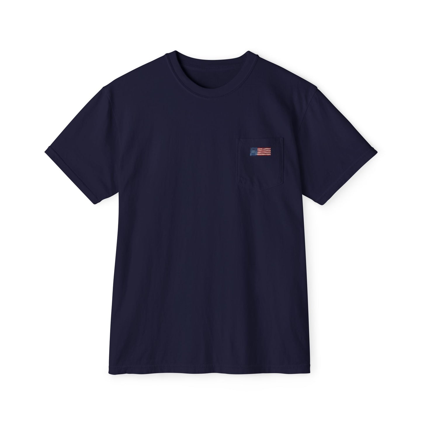 American Flag Pop Art Pocket Tee — Cloud Dreams Graphic T‑Shirt (Surfer on Cloud Back Print)