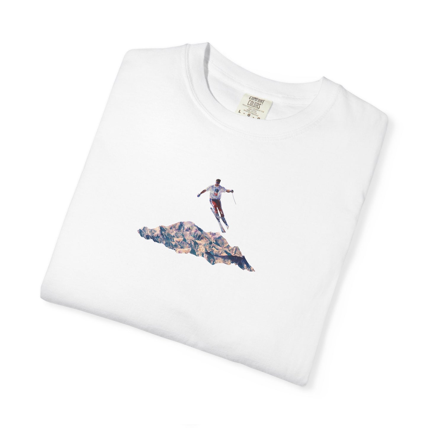 Leaping American Skiier front print T-Shirt — Dreamy Paraglider in Clouds Graphic Tee