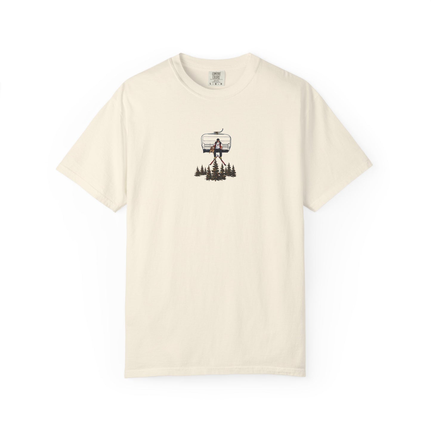 Chairlift with dog front print T-Shirt — Dreamy Paraglider in Clouds Graphic Tee