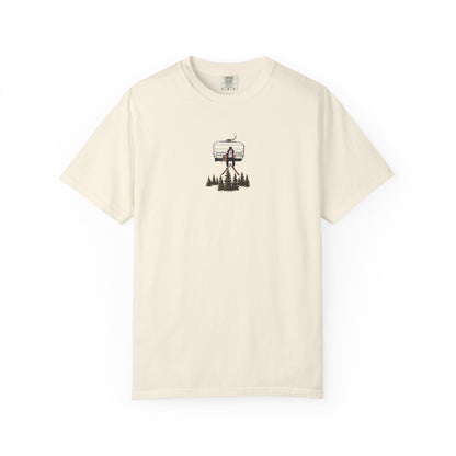 Chairlift with dog front print T-Shirt — Dreamy Paraglider in Clouds Graphic Tee