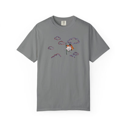 Proudly Clouded Head in the Clouds tee — hand-drawn paraglider among clouds
