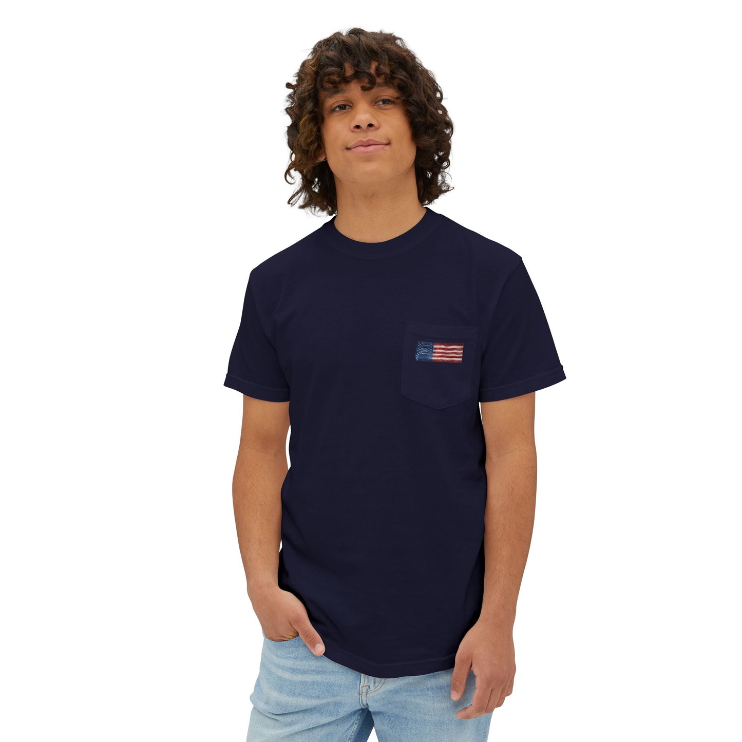 American Flag Pocket Tee with American Flag Hole on back — Cloud Dreams Graphic T‑Shirt (Surfer on Cloud Back Print)
