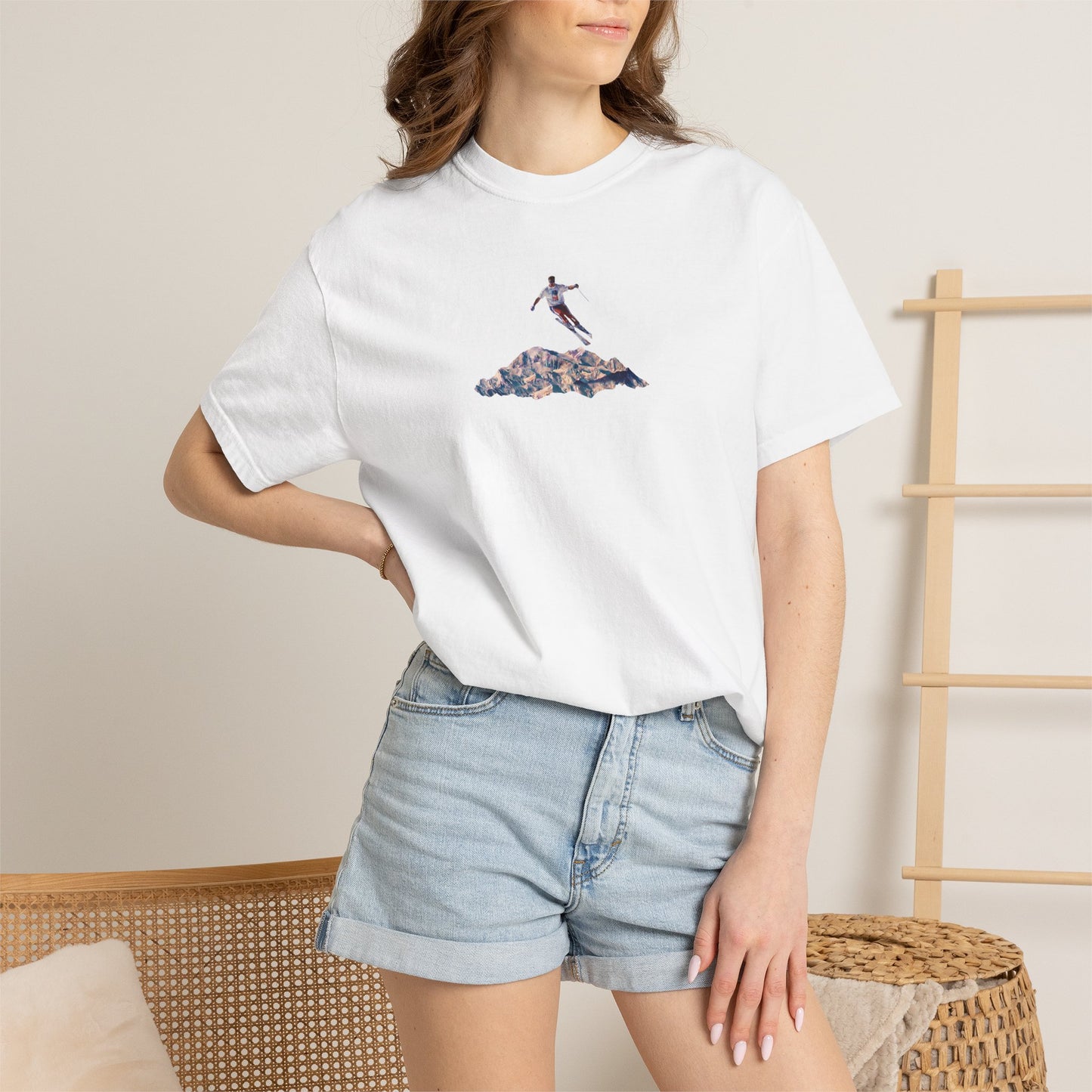 Leaping American Skiier front print T-Shirt — Dreamy Paraglider in Clouds Graphic Tee