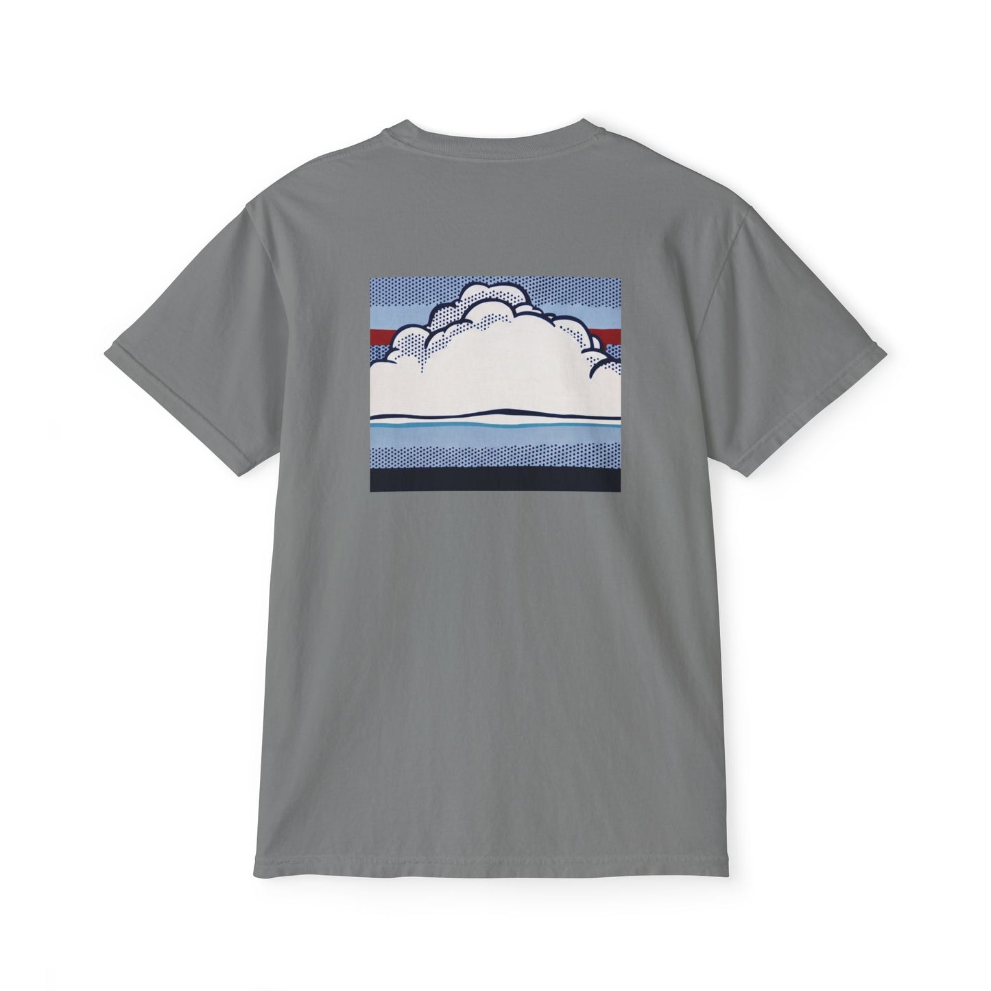American Flag Pop Art Pocket Tee — Cloud Dreams Graphic T‑Shirt (Surfer on Cloud Back Print)