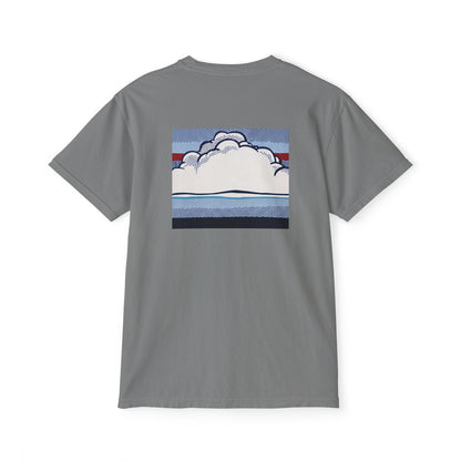 American Flag Pop Art Pocket Tee — Cloud Dreams Graphic T‑Shirt (Surfer on Cloud Back Print)