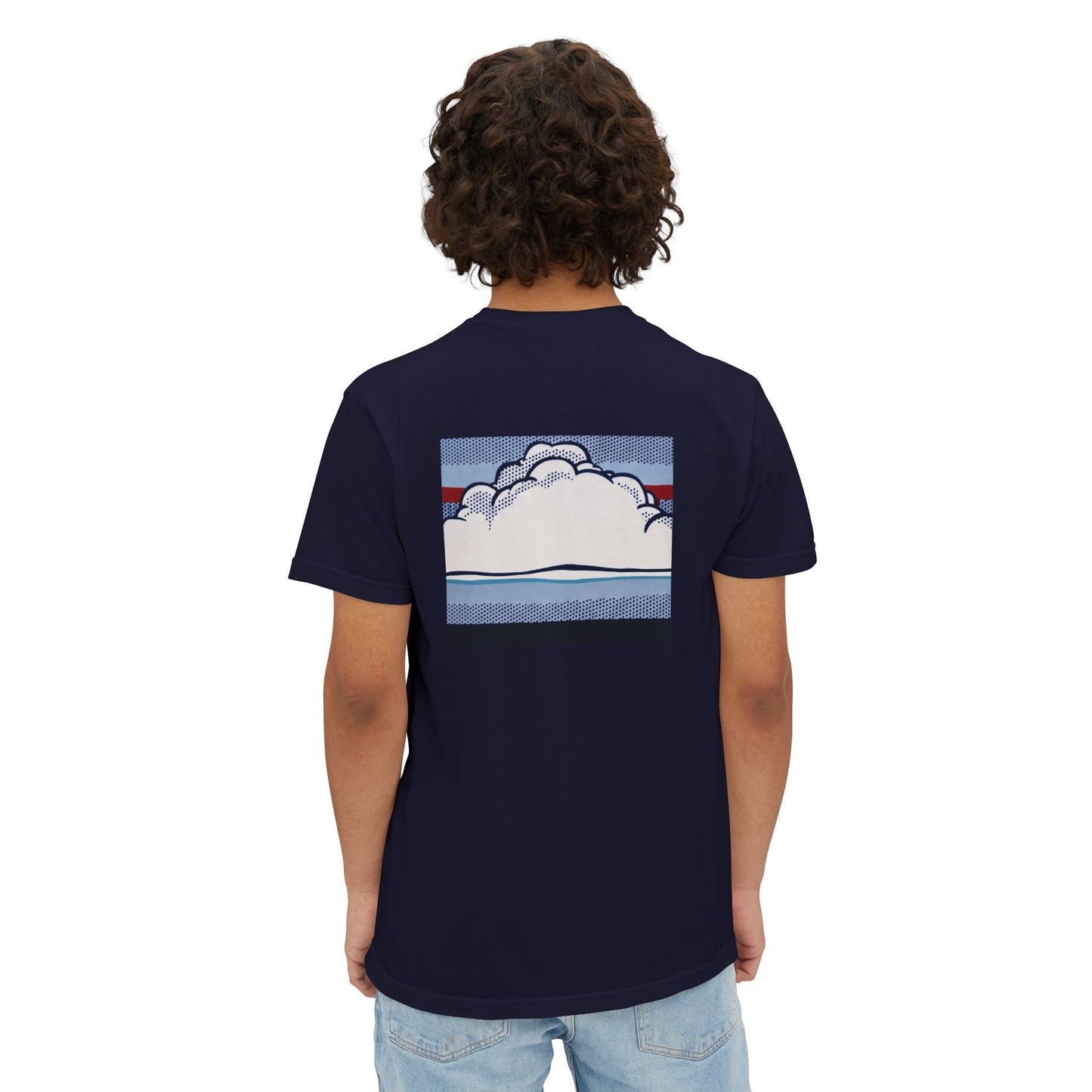 American Flag Pop Art Pocket Tee — Cloud Dreams Graphic T‑Shirt (Surfer on Cloud Back Print)