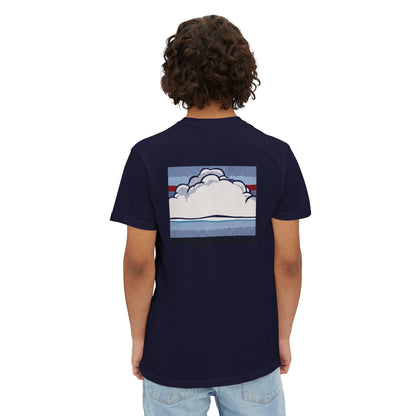 American Flag Pop Art Pocket Tee — Cloud Dreams Graphic T‑Shirt (Surfer on Cloud Back Print)
