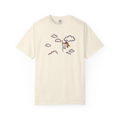Proudly Clouded Head in the Clouds tee — hand-drawn paraglider among clouds