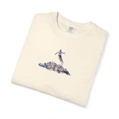 Leaping American Skiier front print T-Shirt — Dreamy Paraglider in Clouds Graphic Tee