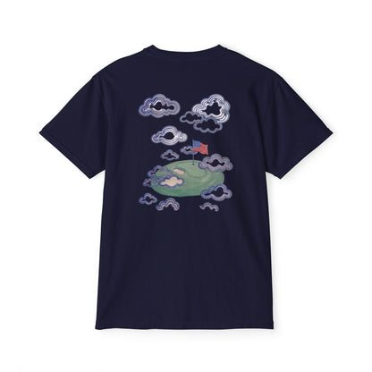 American Flag Pocket Tee with American Flag Hole on back — Cloud Dreams Graphic T‑Shirt (Surfer on Cloud Back Print)