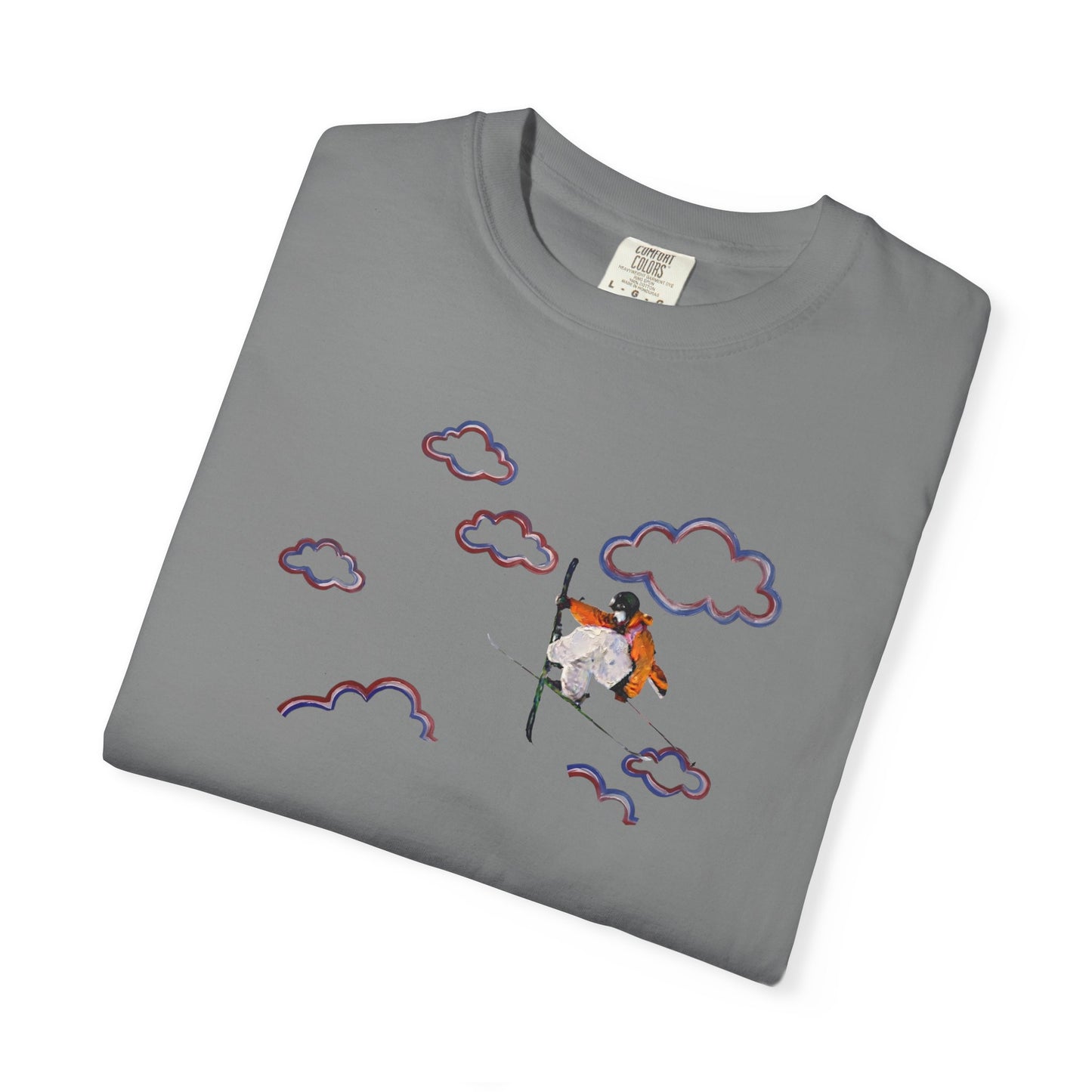 Proudly Clouded Head in the Clouds tee — hand-drawn paraglider among clouds