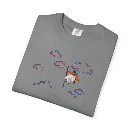 Proudly Clouded Head in the Clouds tee — hand-drawn paraglider among clouds