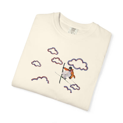 Proudly Clouded Head in the Clouds tee — hand-drawn paraglider among clouds