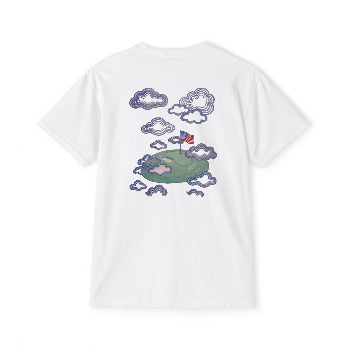American Flag Pocket Tee with American Flag Hole on back — Cloud Dreams Graphic T‑Shirt (Surfer on Cloud Back Print)