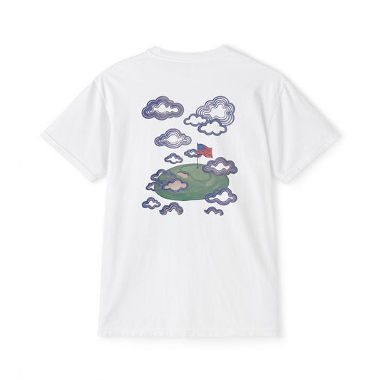 American Flag Pocket Tee with American Flag Hole on back — Cloud Dreams Graphic T‑Shirt (Surfer on Cloud Back Print)