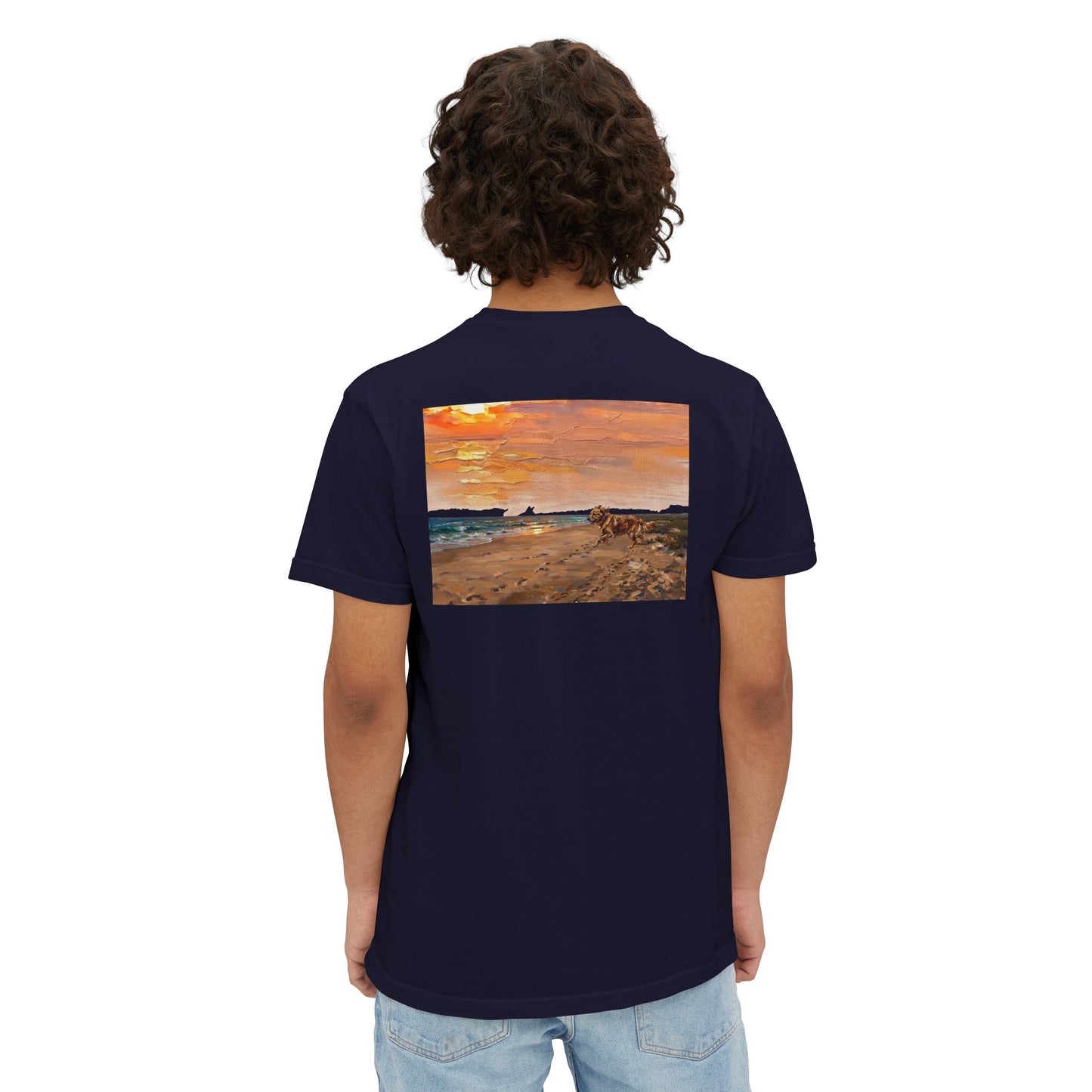 Golden Retriever Sunset Pocket Tee — Cloud Dreams Graphic T‑Shirt (Surfer on Cloud Back Print)
