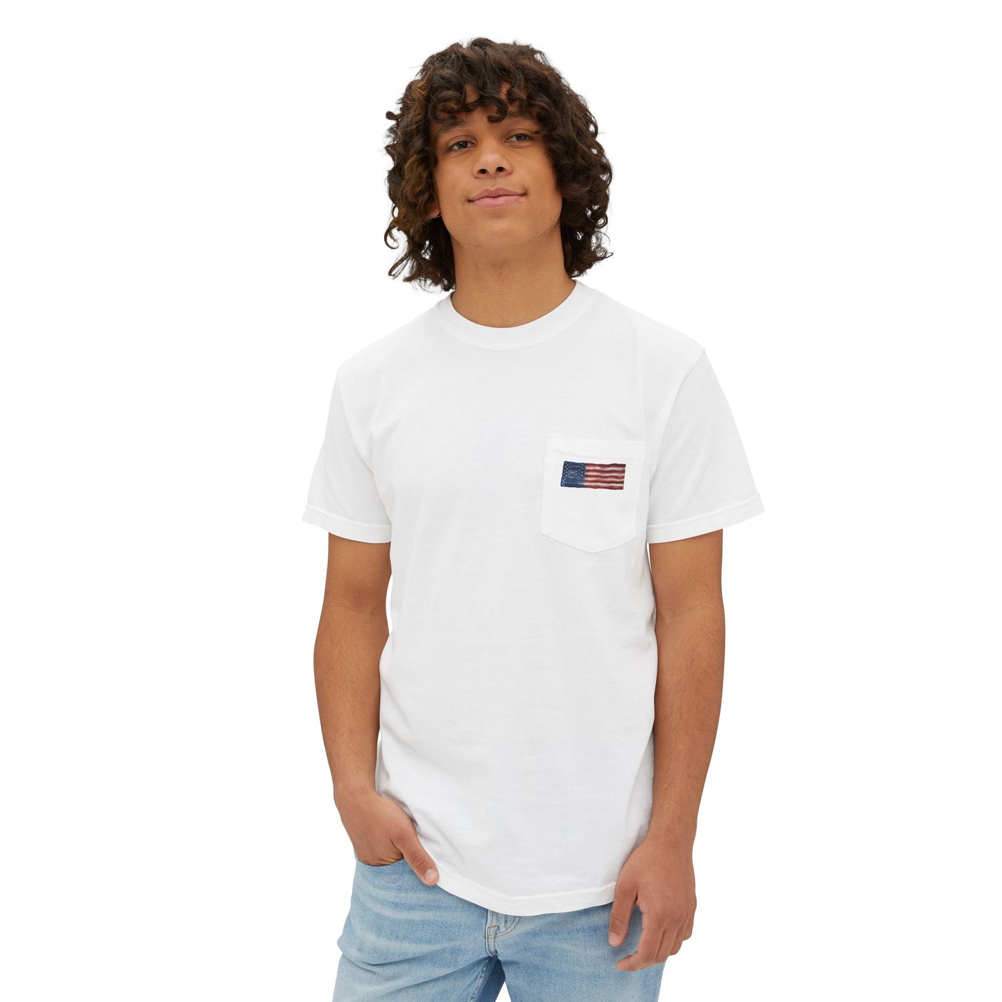 American Flag Pocket Tee — Cloud Dreams Graphic T‑Shirt (Surfer on Cloud Back Print)