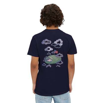 American Flag Pocket Tee with American Flag Hole on back — Cloud Dreams Graphic T‑Shirt (Surfer on Cloud Back Print)