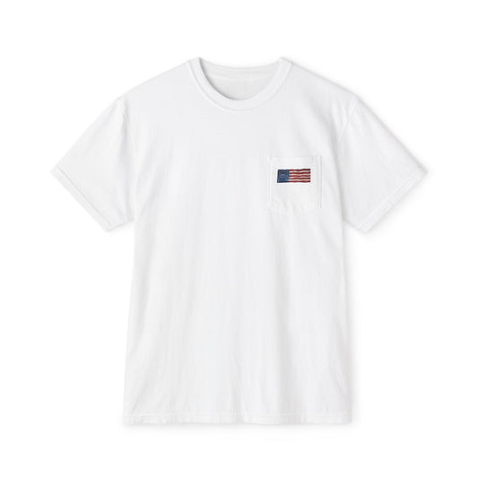 American Flag Pocket Tee with American Flag Hole on back — Cloud Dreams Graphic T‑Shirt (Surfer on Cloud Back Print)