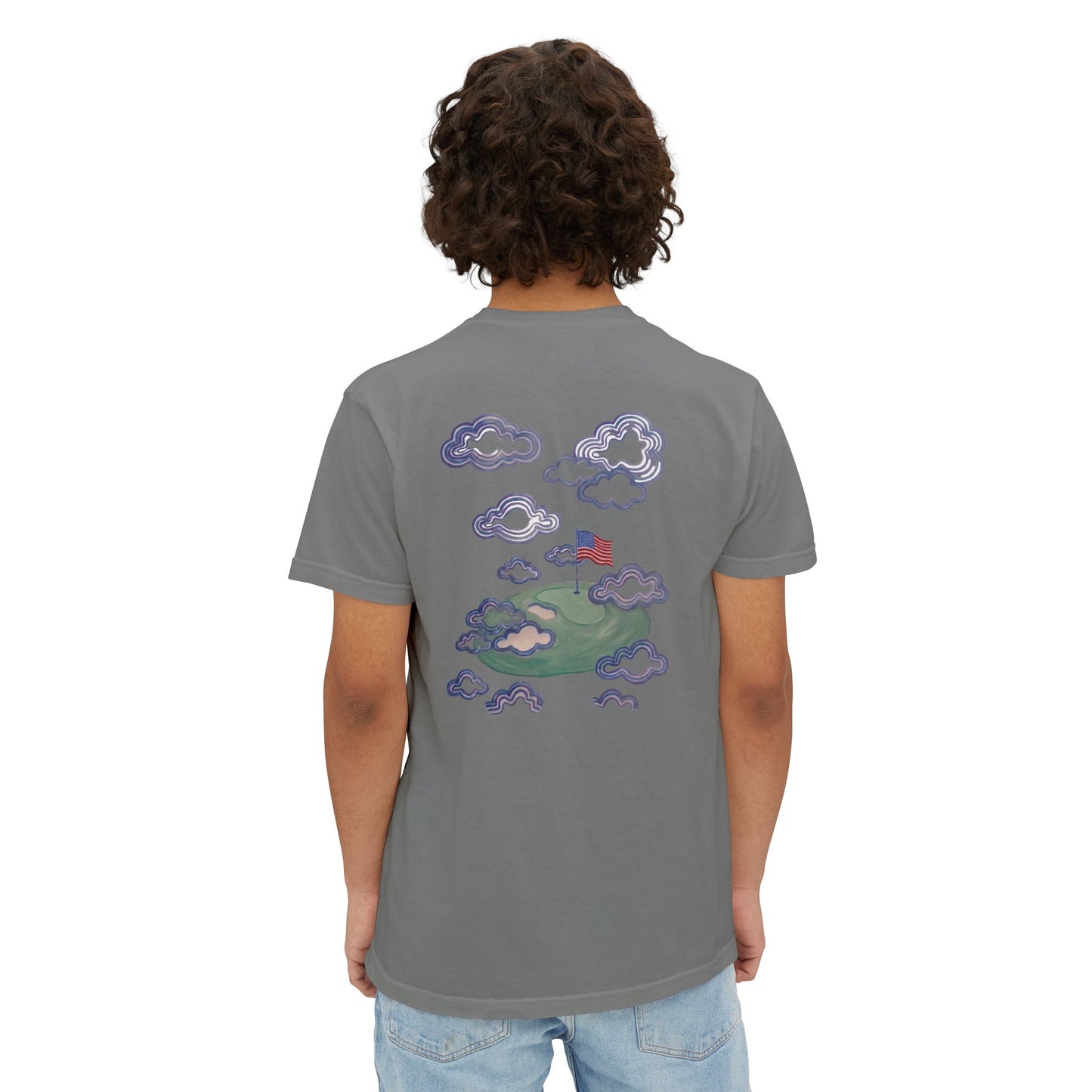 American Flag Pocket Tee with American Flag Hole on back — Cloud Dreams Graphic T‑Shirt (Surfer on Cloud Back Print)