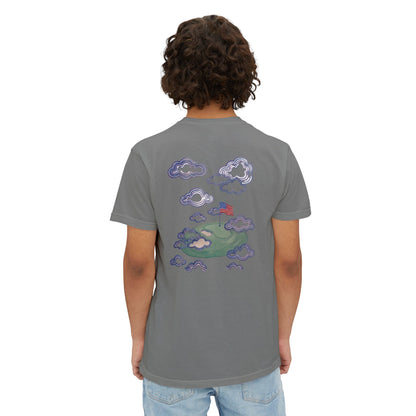 American Flag Pocket Tee with American Flag Hole on back — Cloud Dreams Graphic T‑Shirt (Surfer on Cloud Back Print)