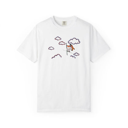 Proudly Clouded Head in the Clouds tee — hand-drawn paraglider among clouds
