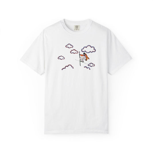 Proudly Clouded Head in the Clouds tee — hand-drawn paraglider among clouds