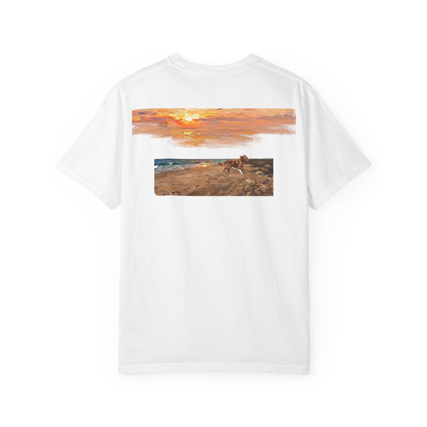 Golden Retriever Sunset Tee — Flag Chest Print & Beach Back