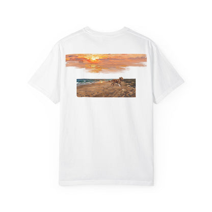 Golden Retriever Sunset Tee — Flag Chest Print & Beach Back