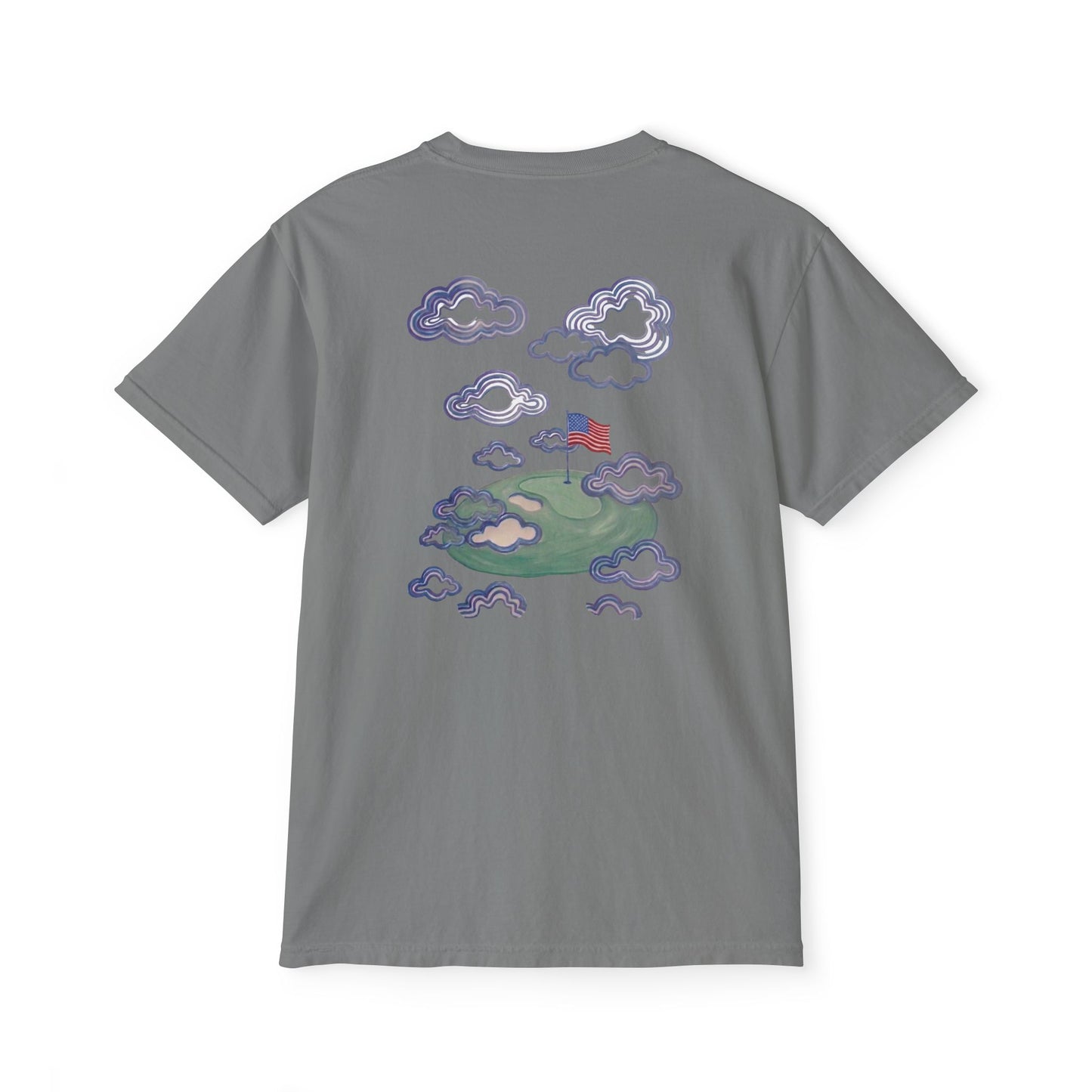 American Flag Pocket Tee with American Flag Hole on back — Cloud Dreams Graphic T‑Shirt (Surfer on Cloud Back Print)