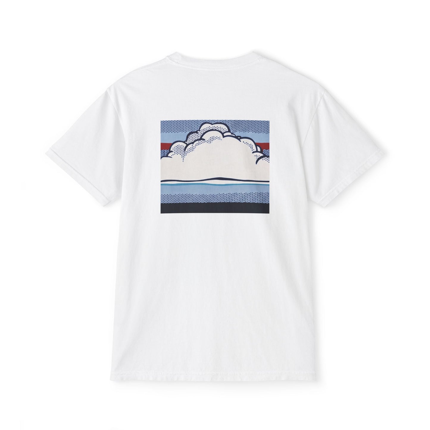 American Flag Pop Art Pocket Tee — Cloud Dreams Graphic T‑Shirt (Surfer on Cloud Back Print)