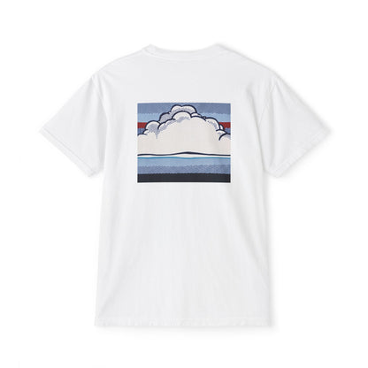 American Flag Pop Art Pocket Tee — Cloud Dreams Graphic T‑Shirt (Surfer on Cloud Back Print)