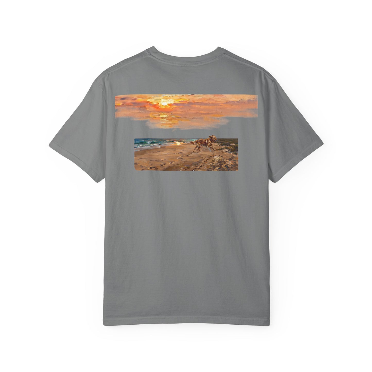 Golden Retriever Sunset Tee — Flag Chest Print & Beach Back