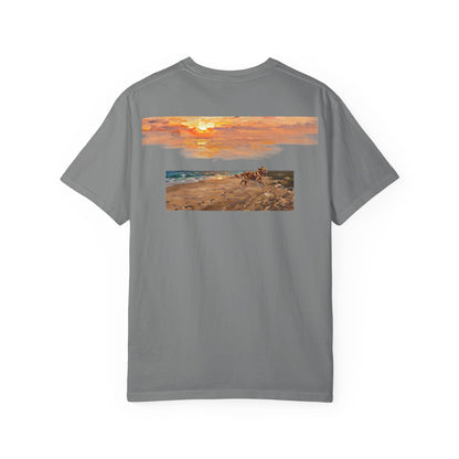 Golden Retriever Sunset Tee — Flag Chest Print & Beach Back