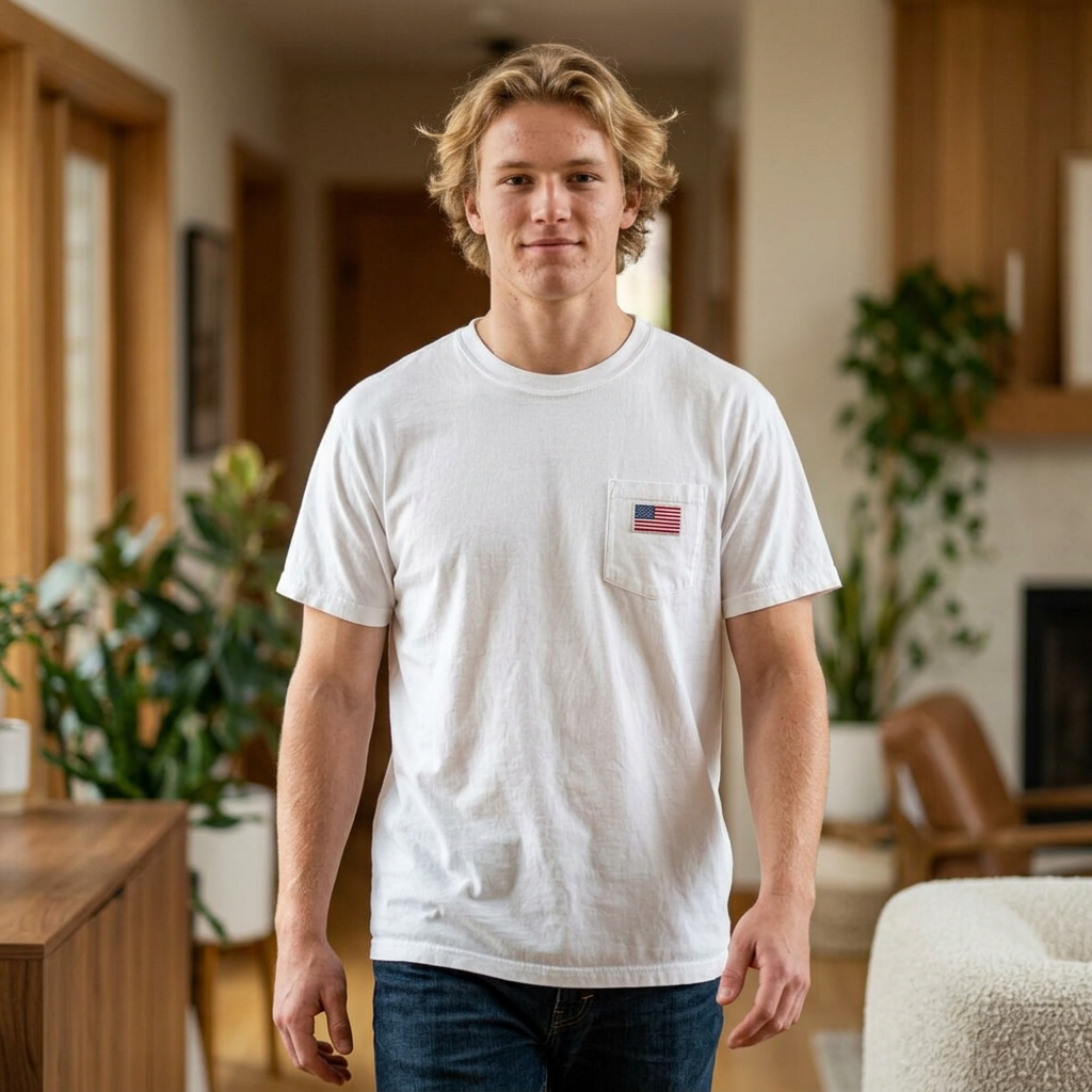American Flag Pop Art Pocket Tee — Cloud Dreams Graphic T‑Shirt (Surfer on Cloud Back Print)