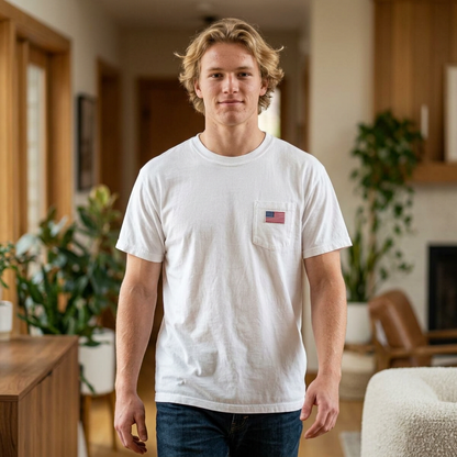 American Flag Pop Art Pocket Tee — Cloud Dreams Graphic T‑Shirt (Surfer on Cloud Back Print)