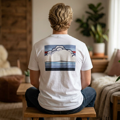 American Flag Pop Art Pocket Tee — Cloud Dreams Graphic T‑Shirt (Surfer on Cloud Back Print)