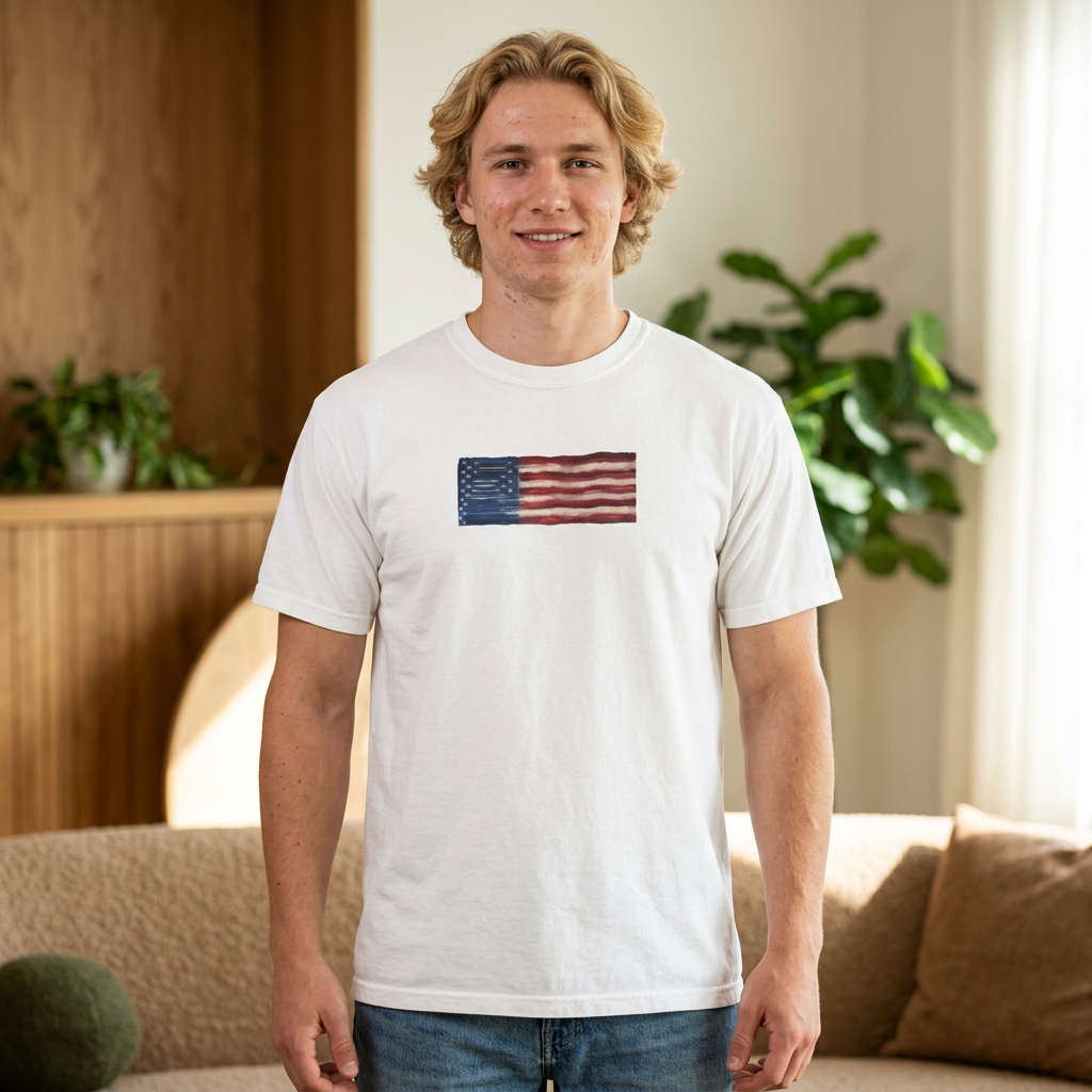 Stretched American Flag tee on model