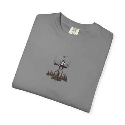 Chairlift with dog front print T-Shirt — Dreamy Paraglider in Clouds Graphic Tee