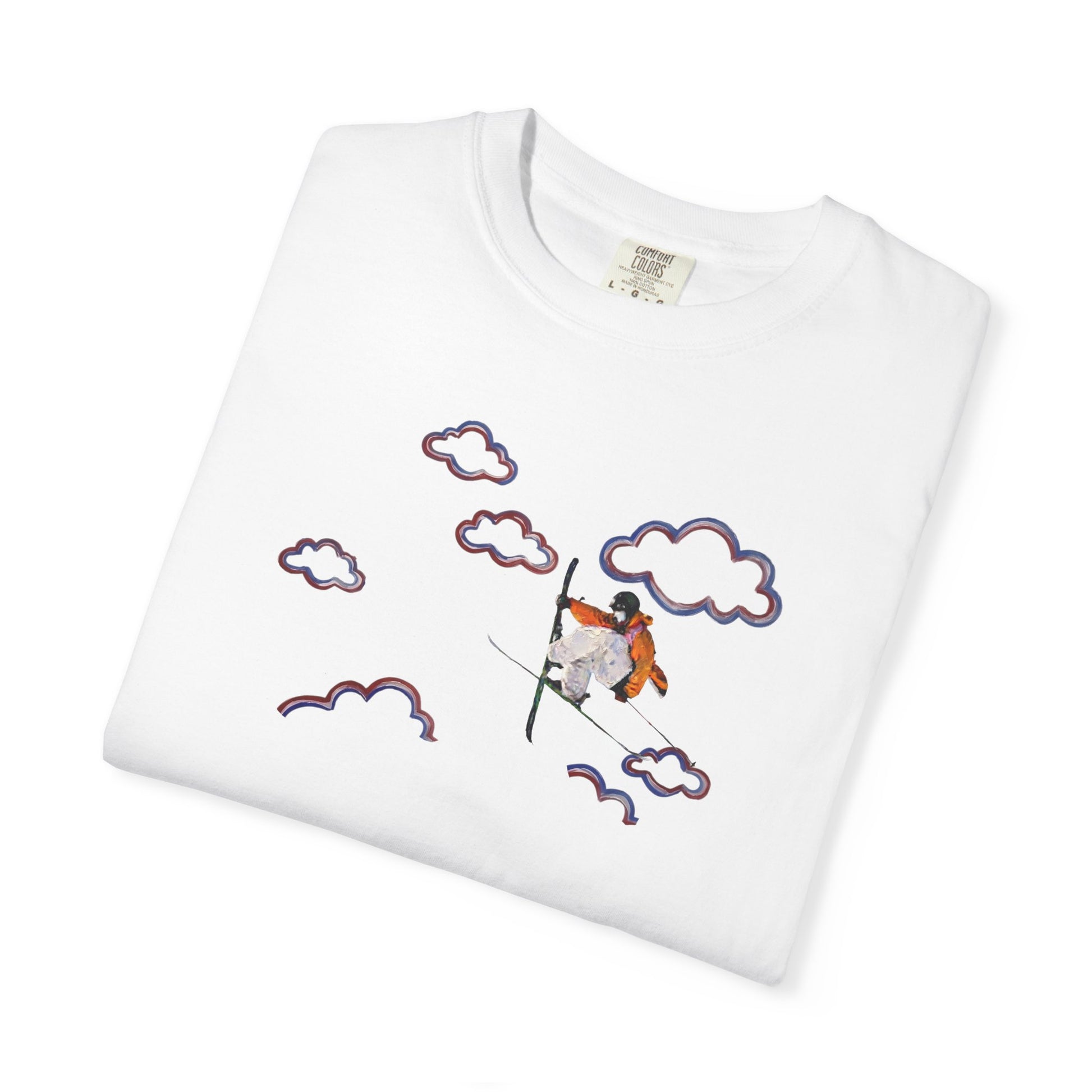 Proudly Clouded Head in the Clouds tee — hand-drawn paraglider among clouds