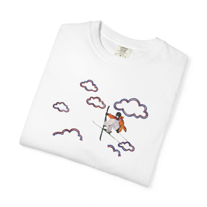 Proudly Clouded Head in the Clouds tee — hand-drawn paraglider among clouds