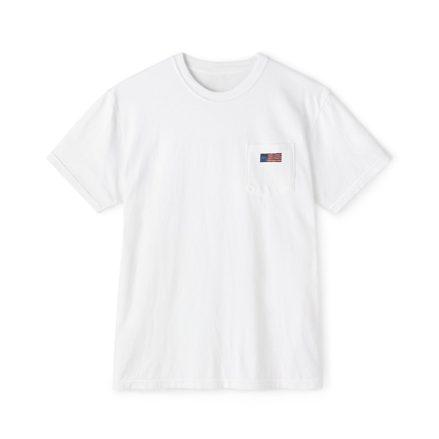 American Flag Pop Art Pocket Tee — Cloud Dreams Graphic T‑Shirt (Surfer on Cloud Back Print)
