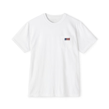 American Flag Pop Art Pocket Tee — Cloud Dreams Graphic T‑Shirt (Surfer on Cloud Back Print)