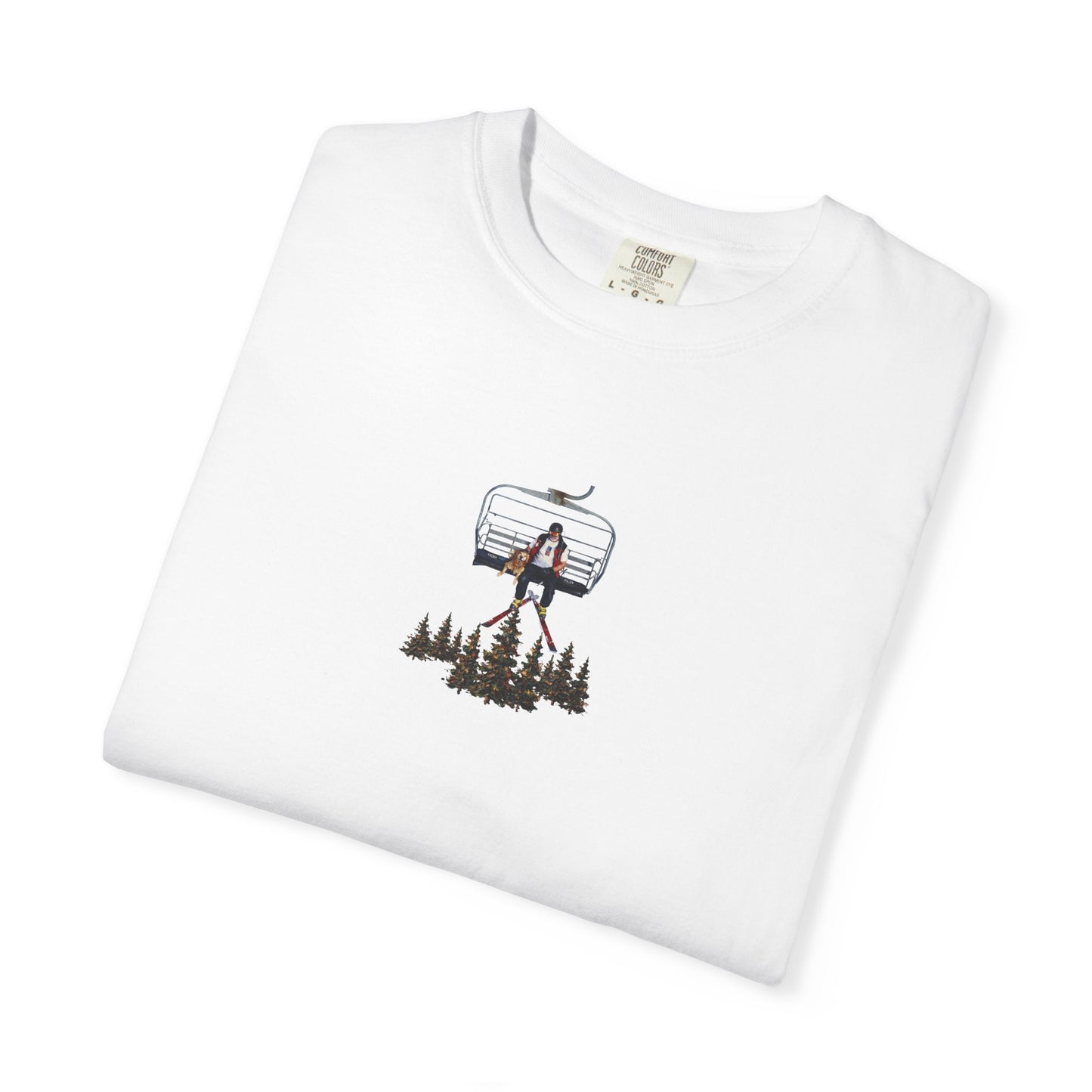 Chairlift with dog front print T-Shirt — Dreamy Paraglider in Clouds Graphic Tee