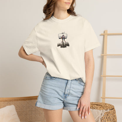Chairlift with dog front print T-Shirt — Dreamy Paraglider in Clouds Graphic Tee
